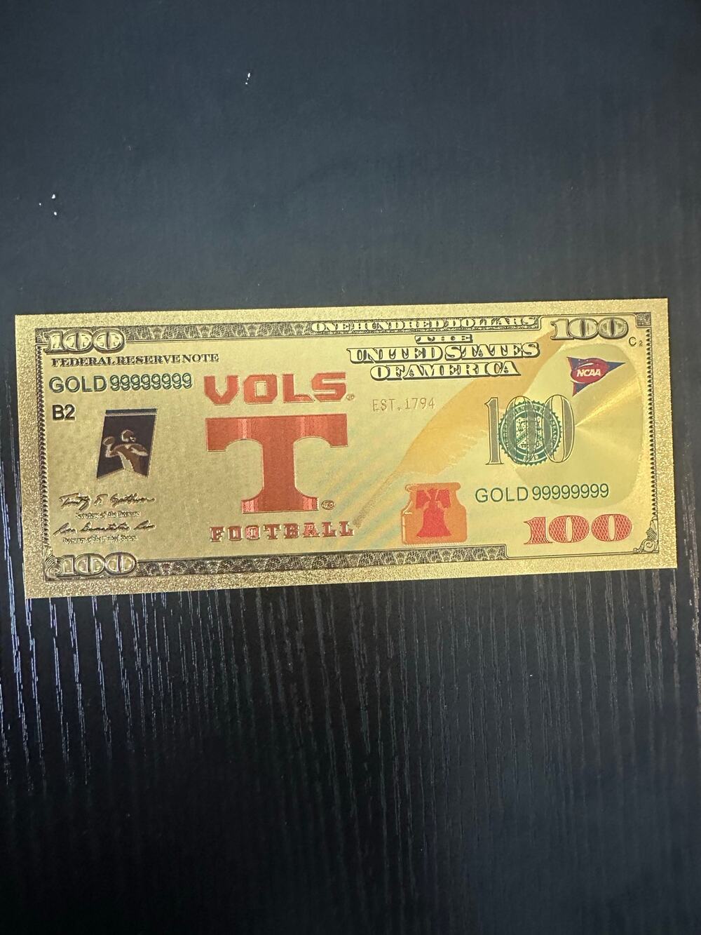 Tennessee Volunteers Vols Football Gold Foil $100 Novelty Collectible Note